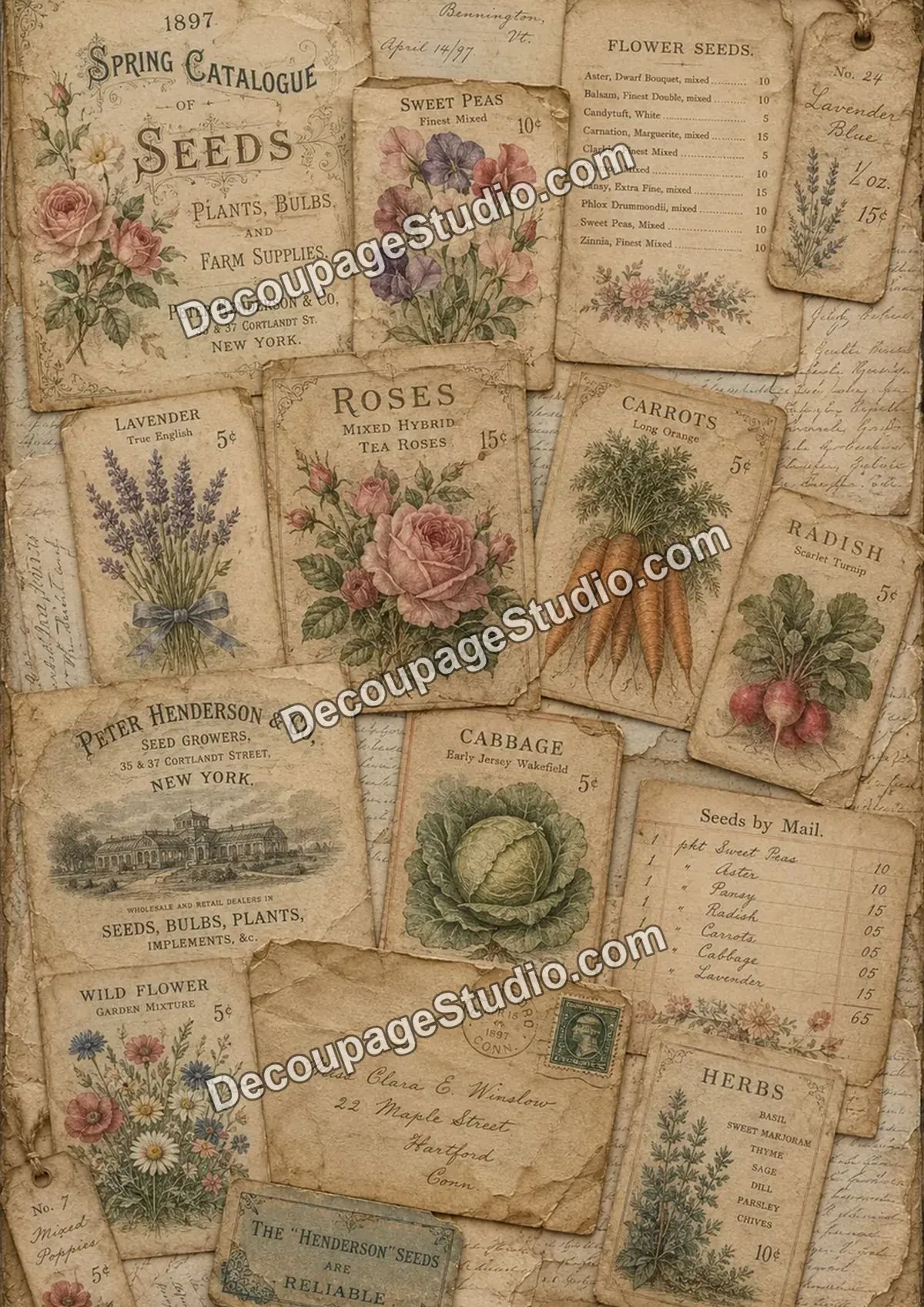 Antique seed catalog collage with roses, lavender, sweet peas, vegetables, and vintage garden labels