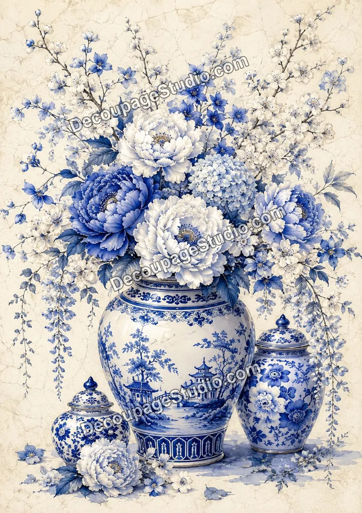 Blue-and-white peonies, hydrangeas, and flowering branches arranged in chinoiserie ginger jars