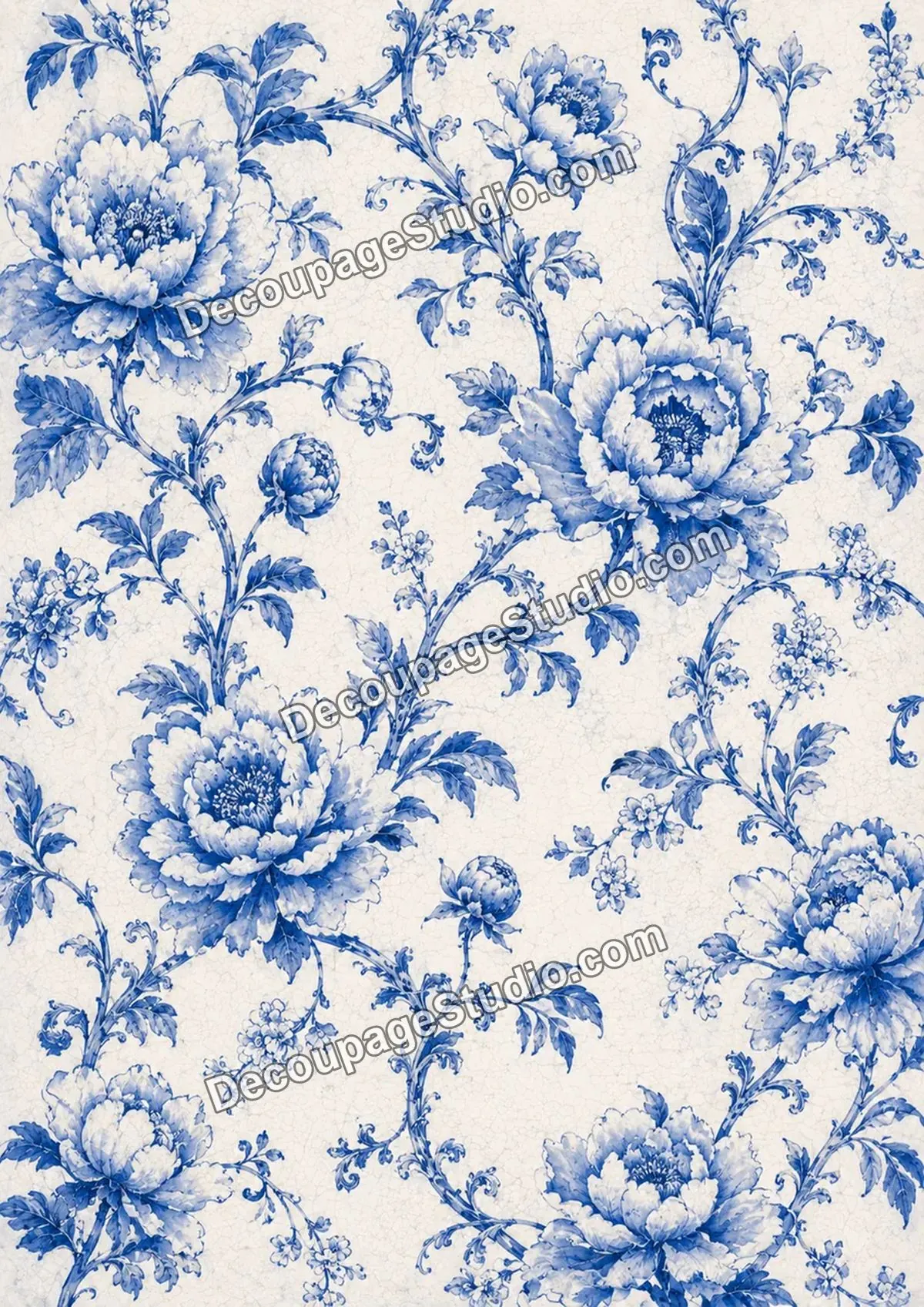 Trailing blue peonies and delicate flowering vines on an antique crackle background