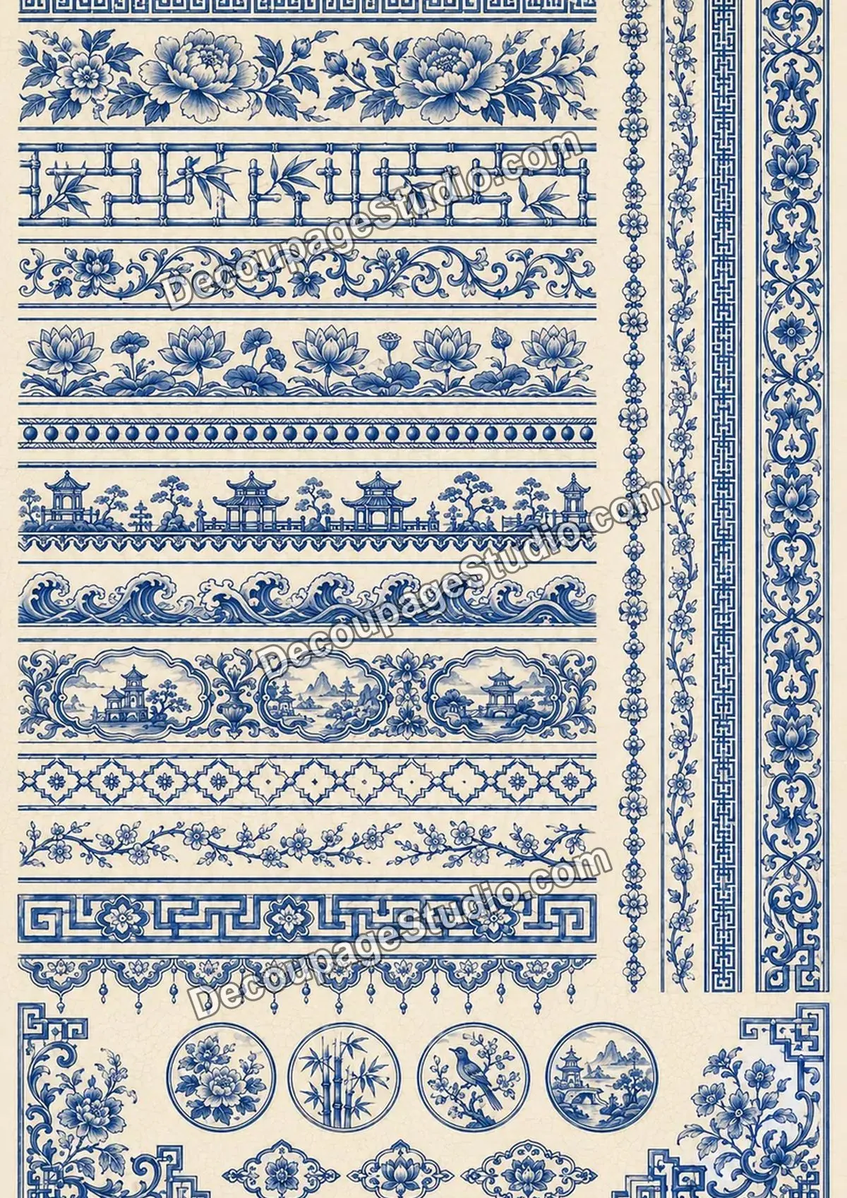 Blue chinoiserie border designs with peonies, bamboo, lotus flowers, pagodas, waves, birds, and geometric motifs