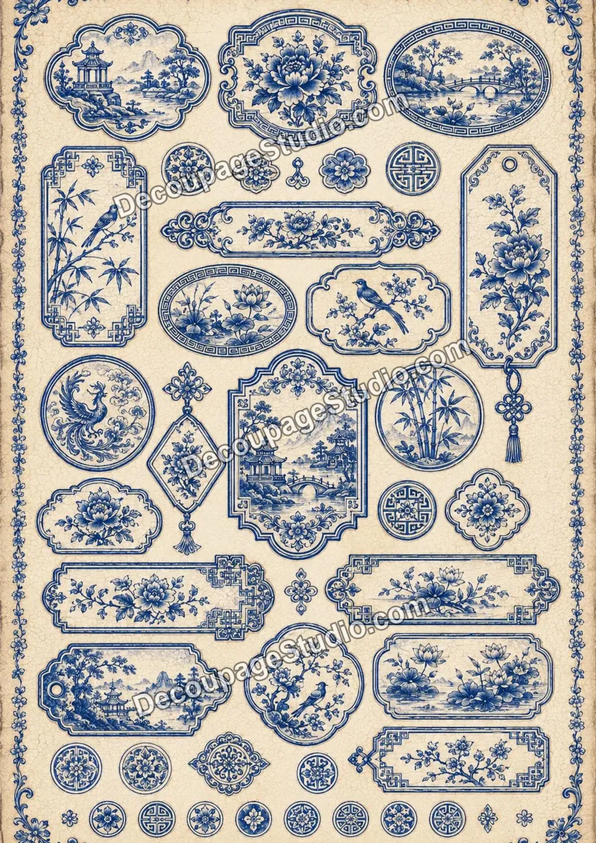 Collection of blue chinoiserie labels, frames, birds, peonies, bamboo, lotus flowers, pagodas, and scenic medallions