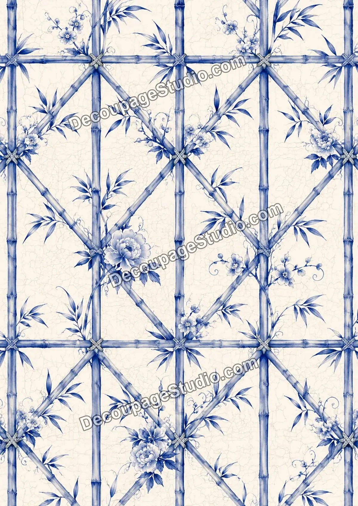 Blue bamboo lattice with peonies, flowering branches, and leaves on crackled cream paper