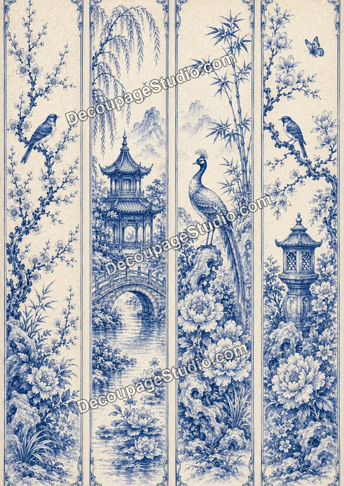 Four vertical blue-and-white porcelain panels with birds, peonies, bamboo, willow, pagodas, bridges, and a peacock