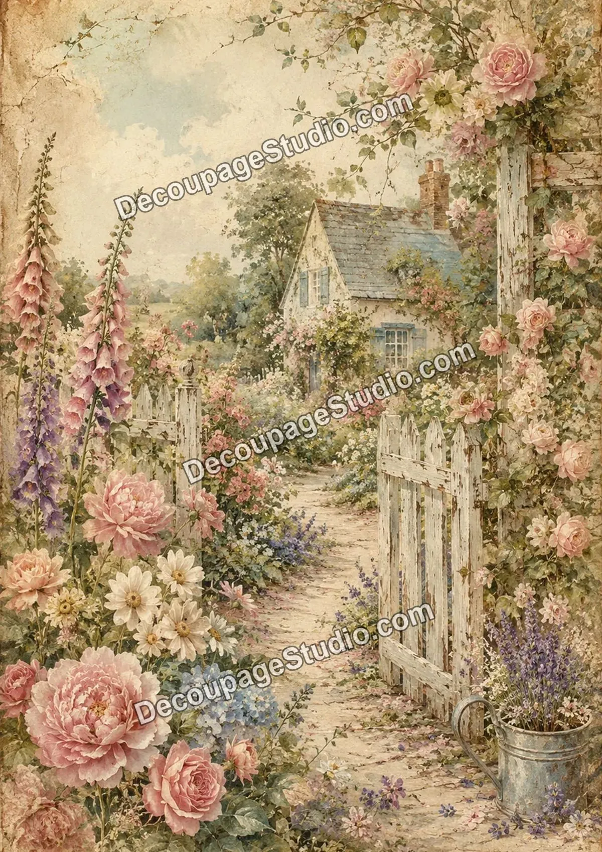 Vintage cottage garden with an open white gate, pink roses, peonies, foxgloves, daisies, hydrangeas, and a watering can