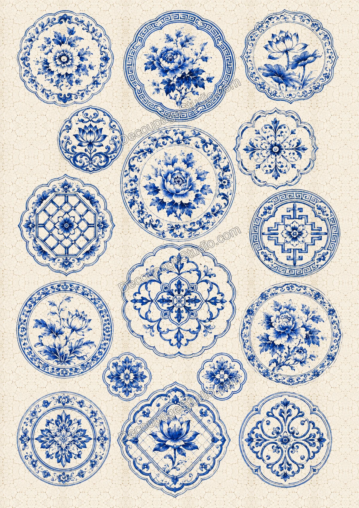 Ornate blue-and-white porcelain medallions with peonies, lotus flowers, geometric borders, and floral motifs