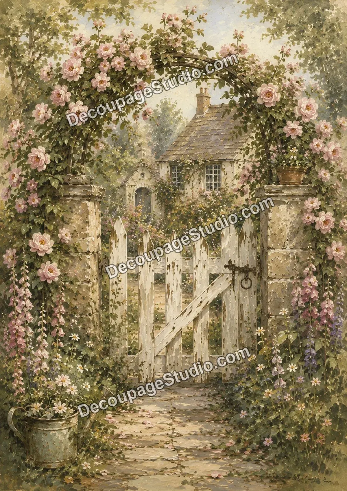 Weathered white cottage gate beneath an arch of pink roses, foxgloves, daisies, and garden greenery