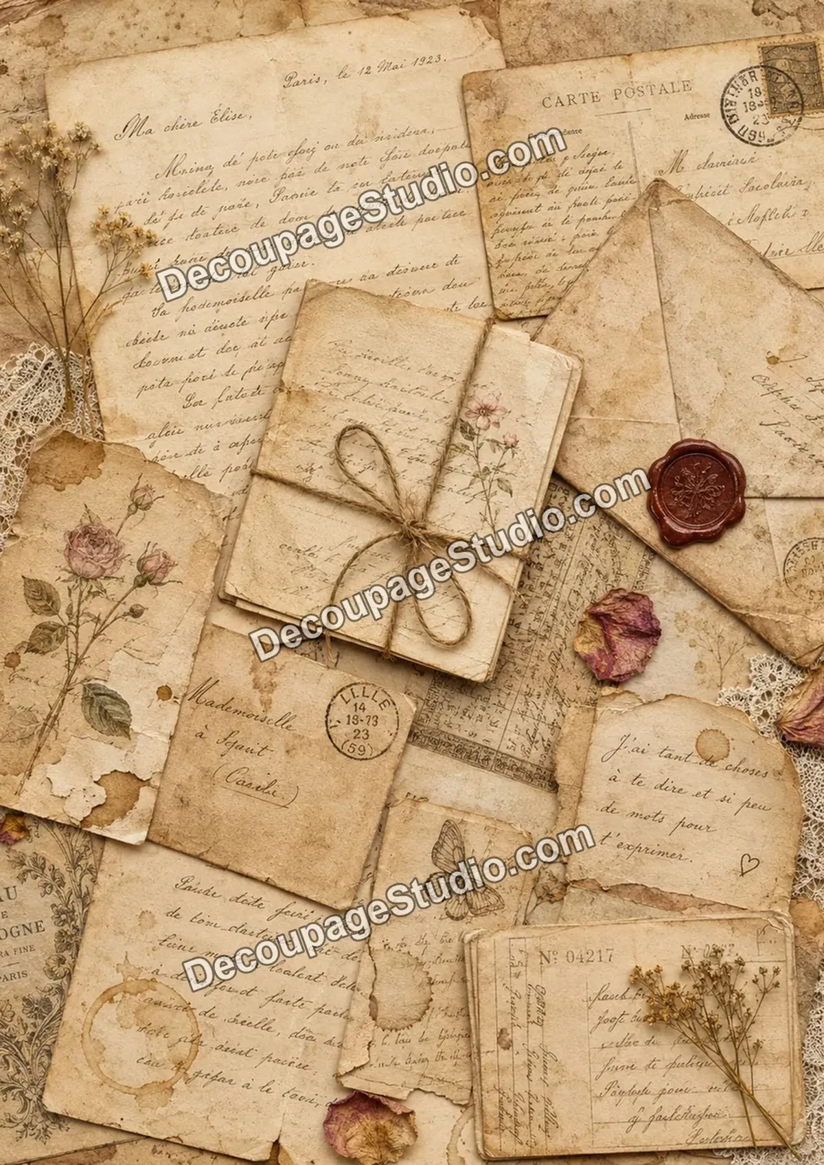 Aged handwritten letters, postcards, envelopes, pressed flowers, lace, stamps, and a red wax seal