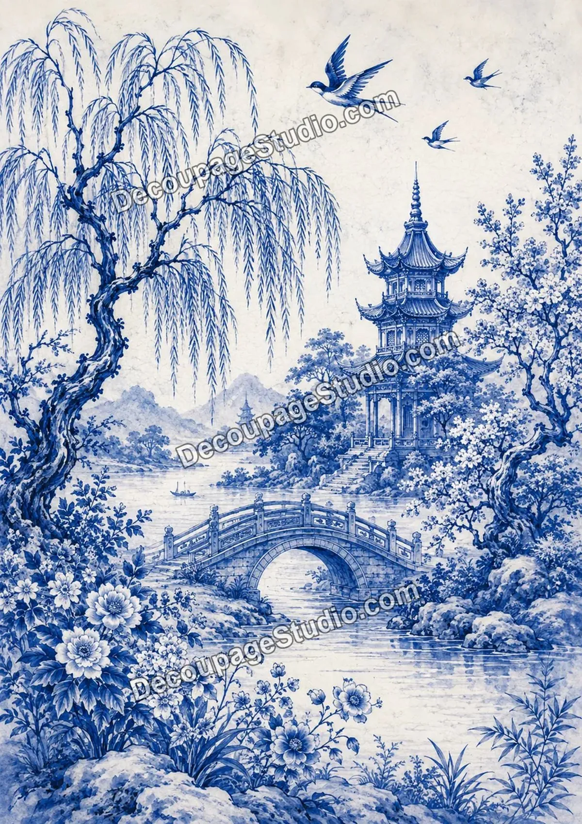 Blue-and-white garden landscape with a willow tree, arched bridge, pagoda pavilion, flowering trees, mountains, and swallows