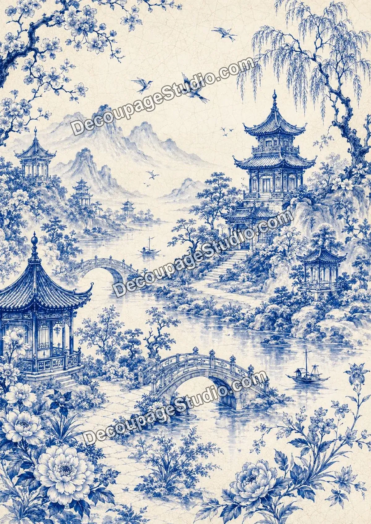 Blue chinoiserie mountain landscape with pagodas, arched bridges, boats, flowering trees, willows, and flying birds