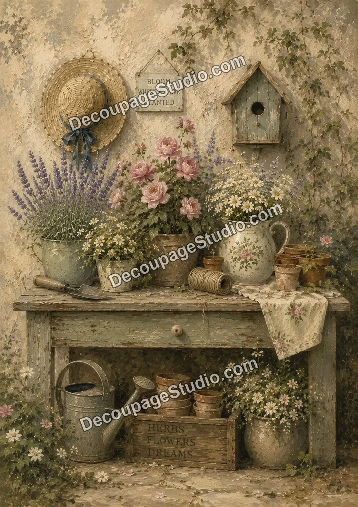 Shabby chic potting bench with lavender, pink roses, daisies, terracotta pots, watering cans, and a birdhouse