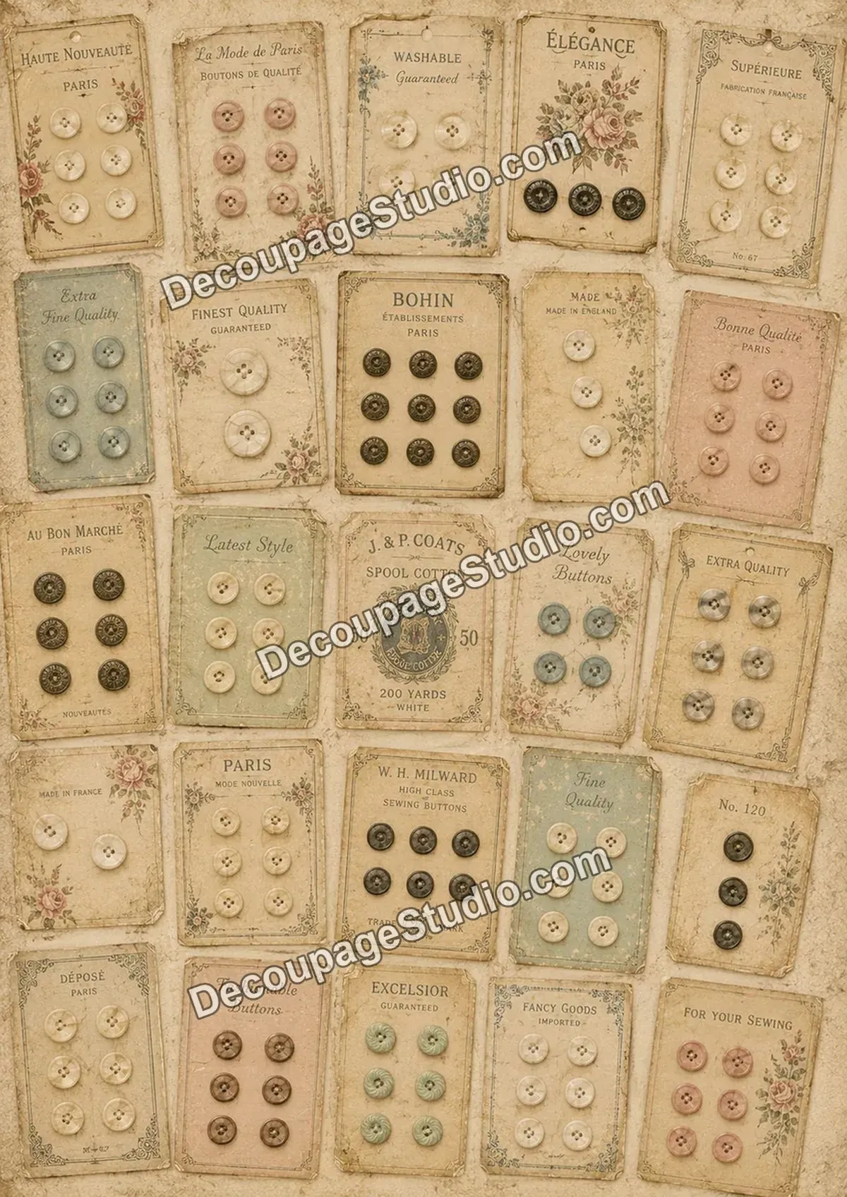 Vintage French button cards with pearl, blue, pink, and antique metal sewing buttons