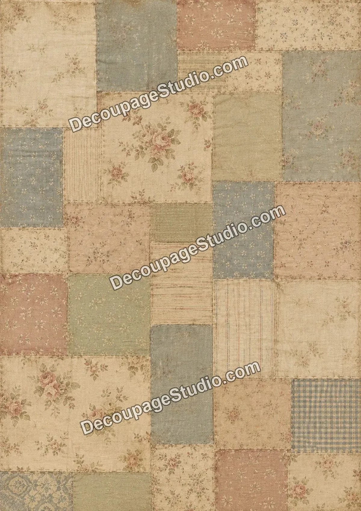 Faded vintage patchwork quilt with cottage roses, ticking stripes, checks, and pastel fabric squares