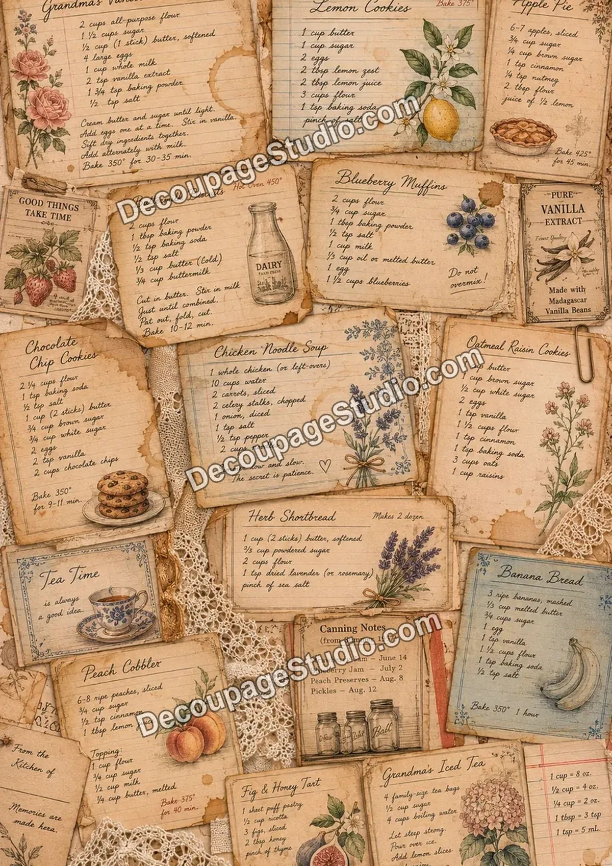 Handwritten vintage recipe cards with cakes, cookies, fruit, flowers, lace, and kitchen keepsakes
