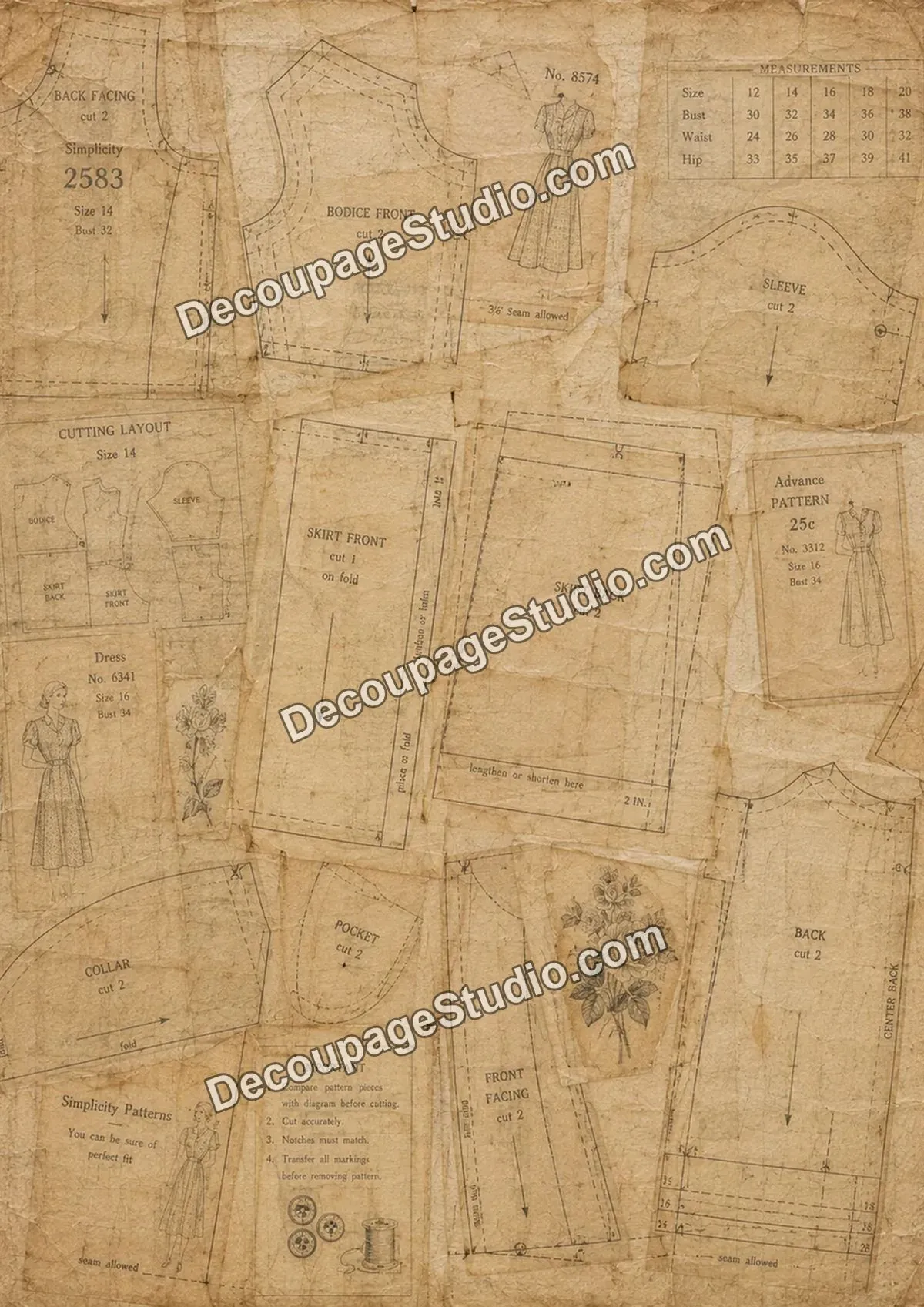 Aged dressmaking pattern pieces, measurements, and vintage fashion illustrations on tissue paper