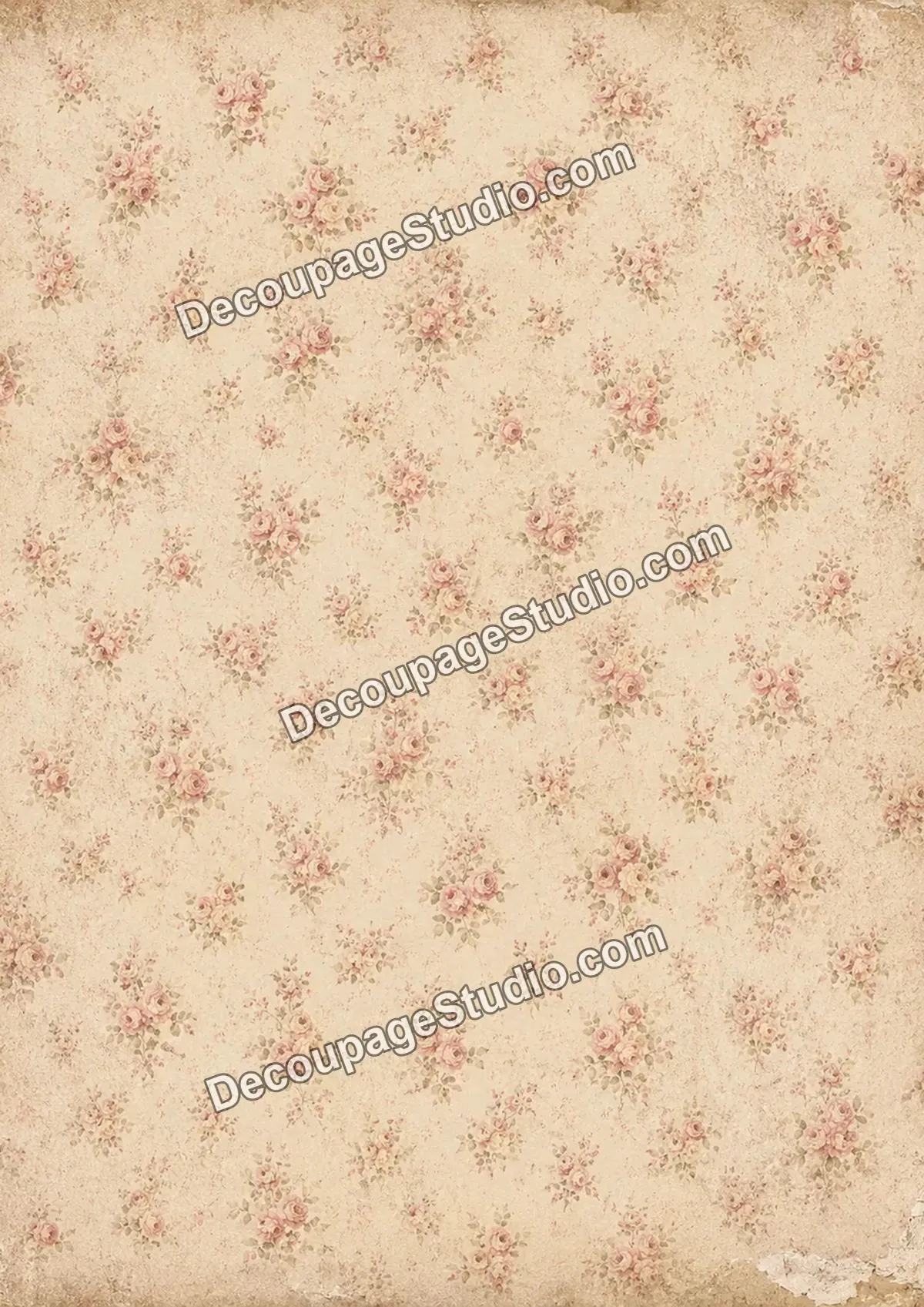 Faded pink cottage rose bouquets on distressed cream wallpaper
