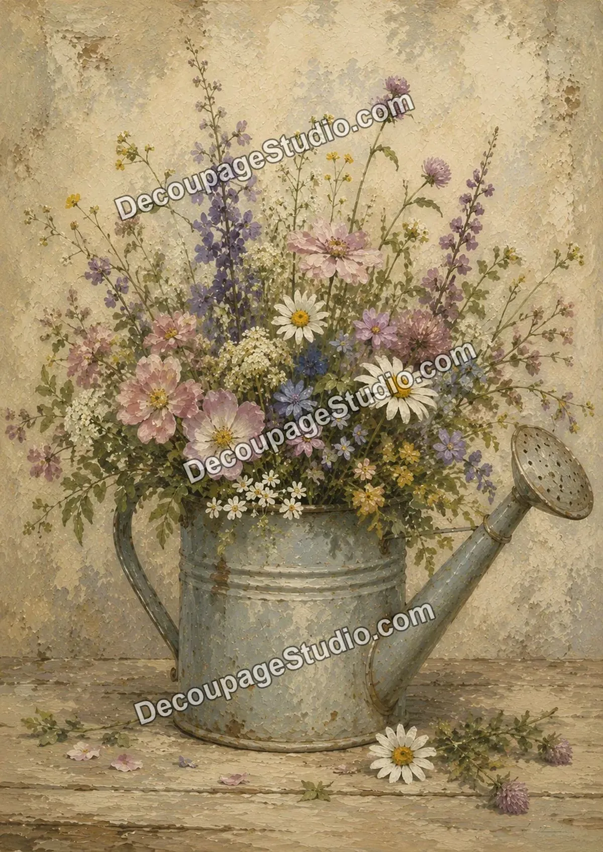Vintage galvanized watering can filled with pink, purple, yellow, blue, and white cottage wildflowers