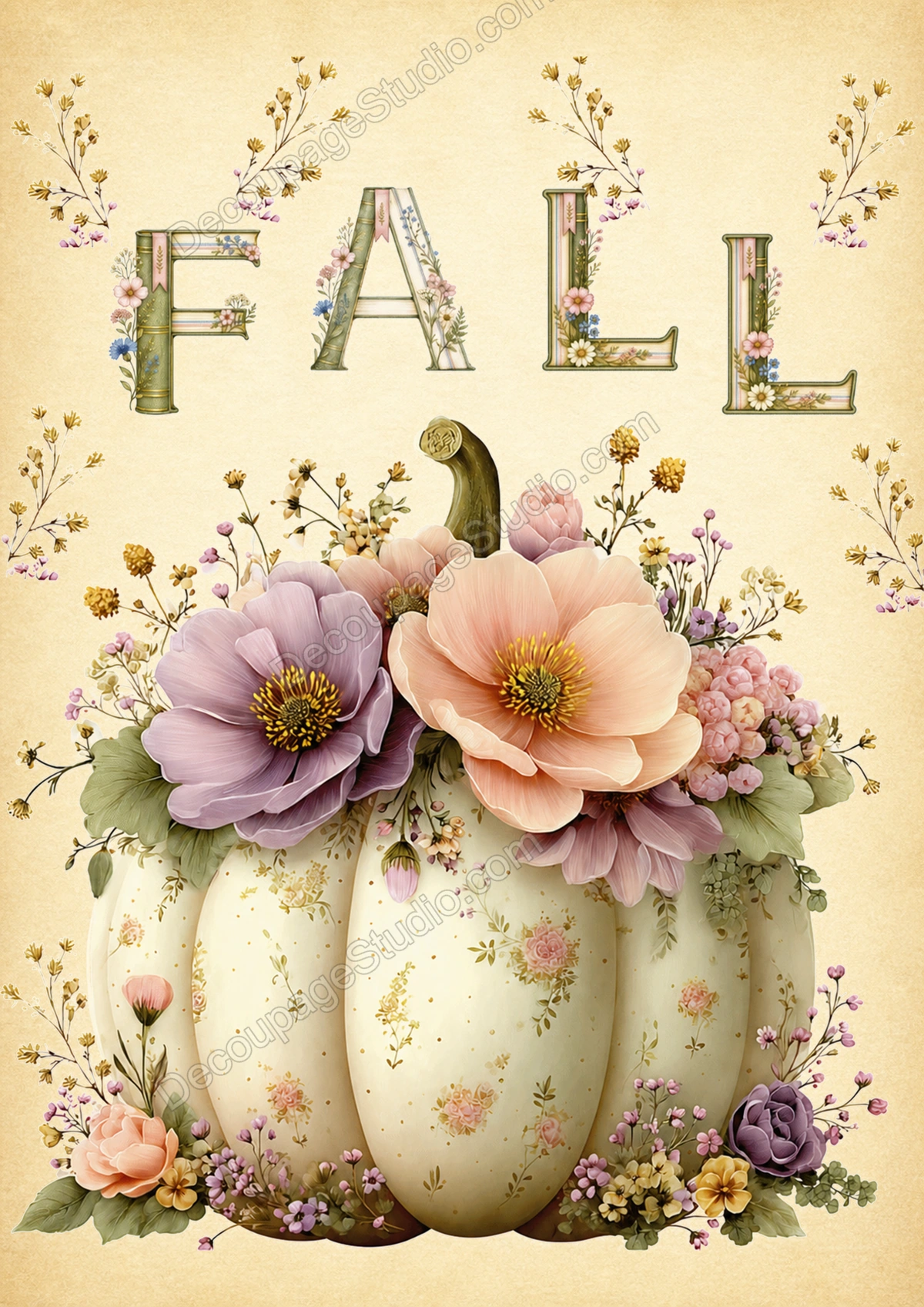 Ivory pumpkin decorated with blush and lavender flowers beneath an arched FALL greeting on a vintage parchment background