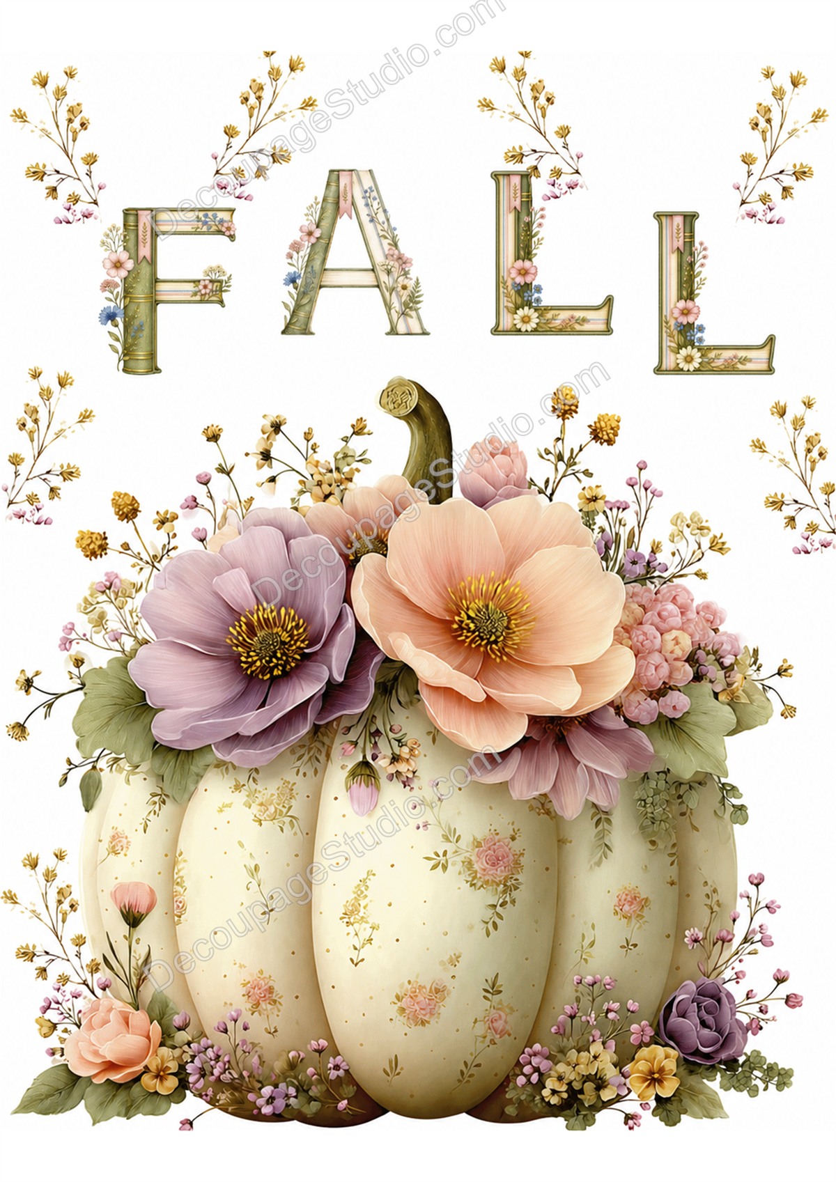 Ivory pumpkin decorated with blush and lavender flowers beneath an arched FALL greeting on a white background
