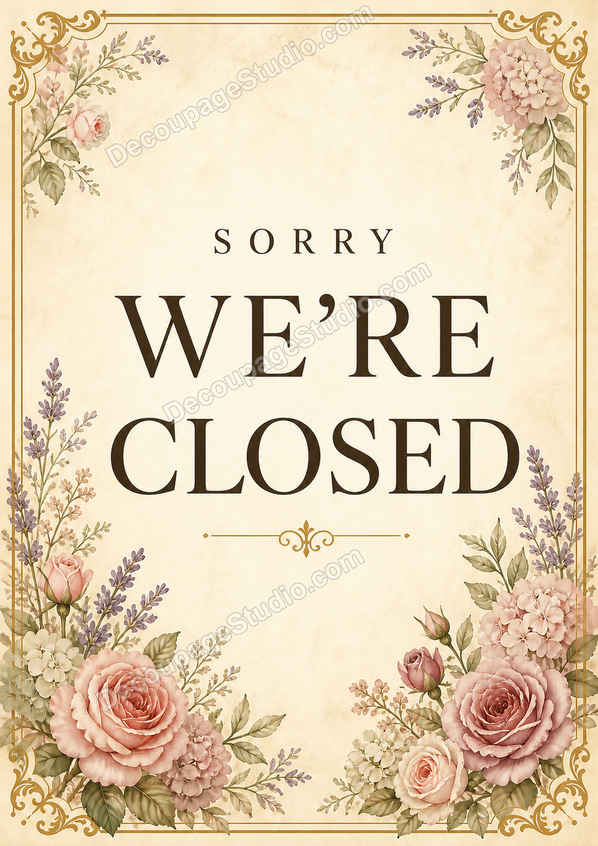 Vintage floral Sorry We&rsquo;re Closed sign with blush roses, lavender, and an antique gold border