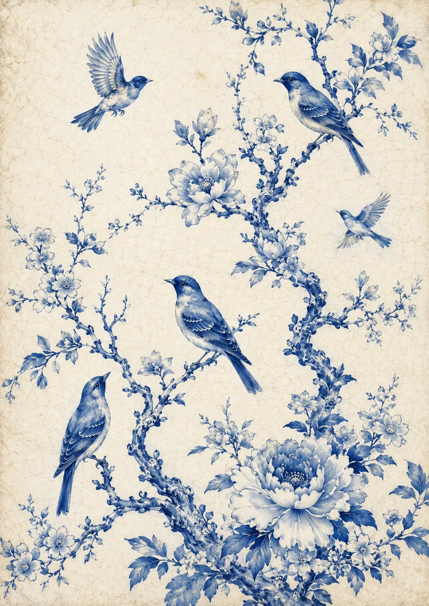 Blue Willow Garden paper with blue birds, peonies, and flowering branches