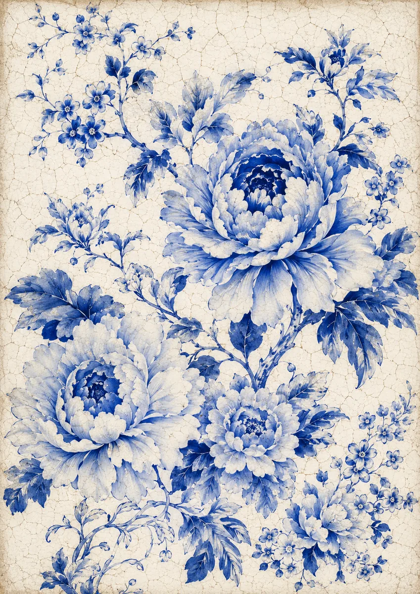Blue-and-white porcelain vase filled with a botanical flower arrangement
