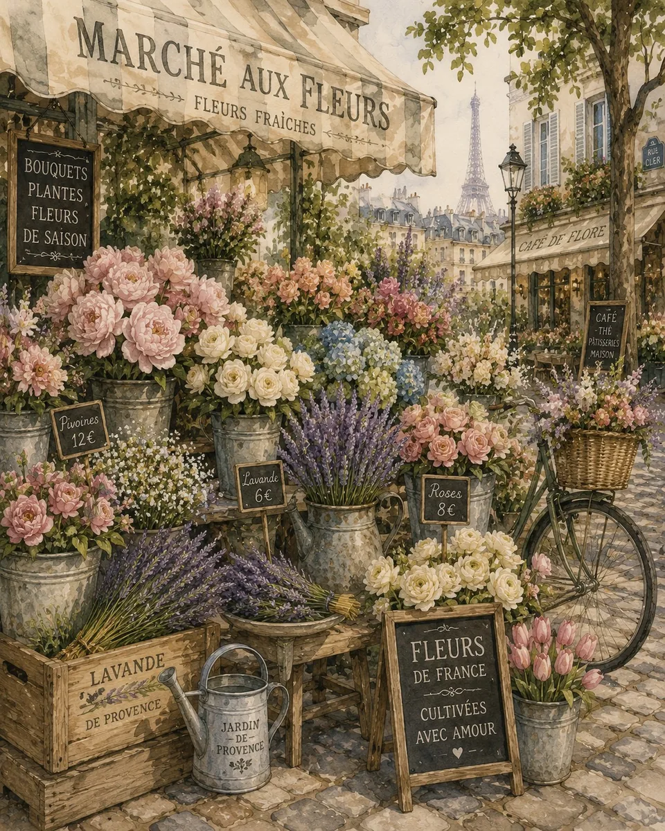 Vintage Paris flower market decoupage artwork with abundant flowers and the Eiffel Tower