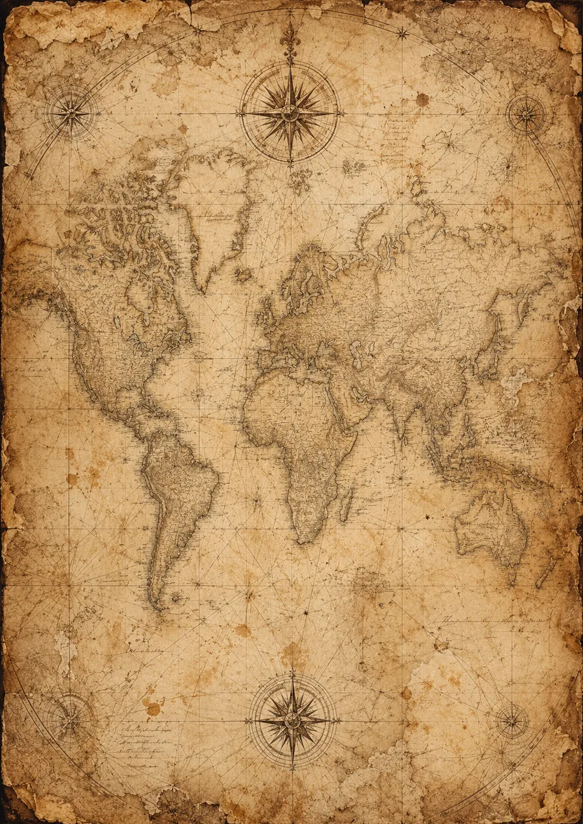 Distressed sepia world map with compass roses and aged edges