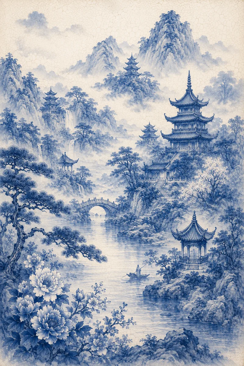Misty blue mountain landscape with traditional pagodas
