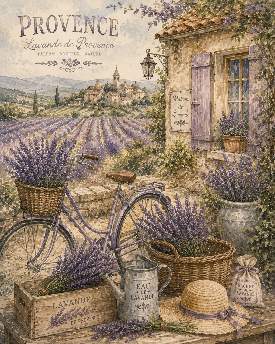 Lavender fields in Provence beneath a warm countryside sky